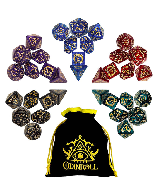 ODINROLL polyhedral dice set D20 close-up shows bold numerals for quick reads