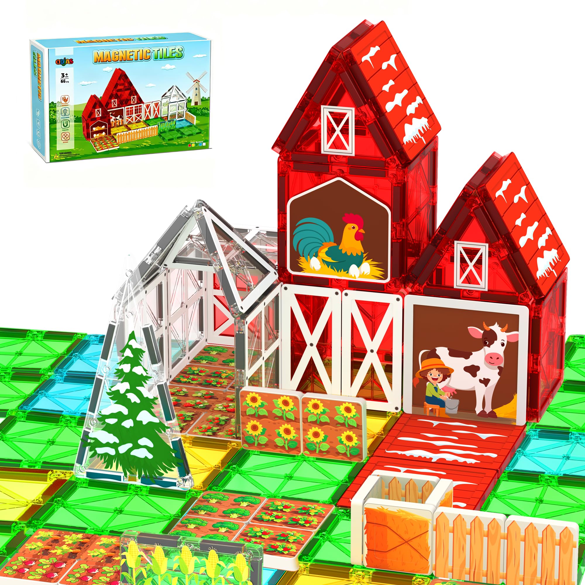 Odjas magnetic farm tiles create a vivid farm scene with 66-piece set