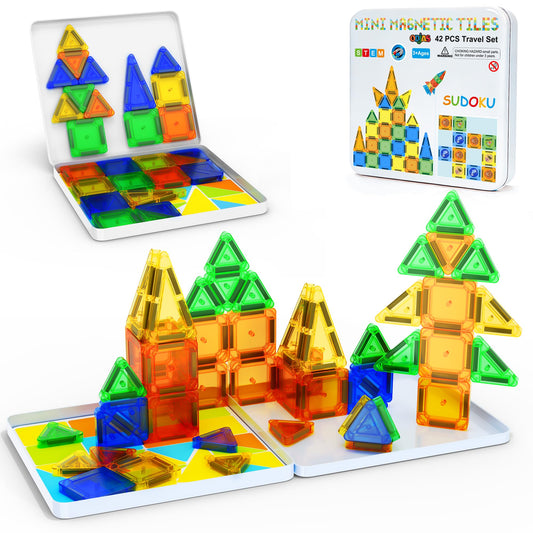 odjas mini magnetic tiles travel set case promotes portable, clutter-free play on the go.
