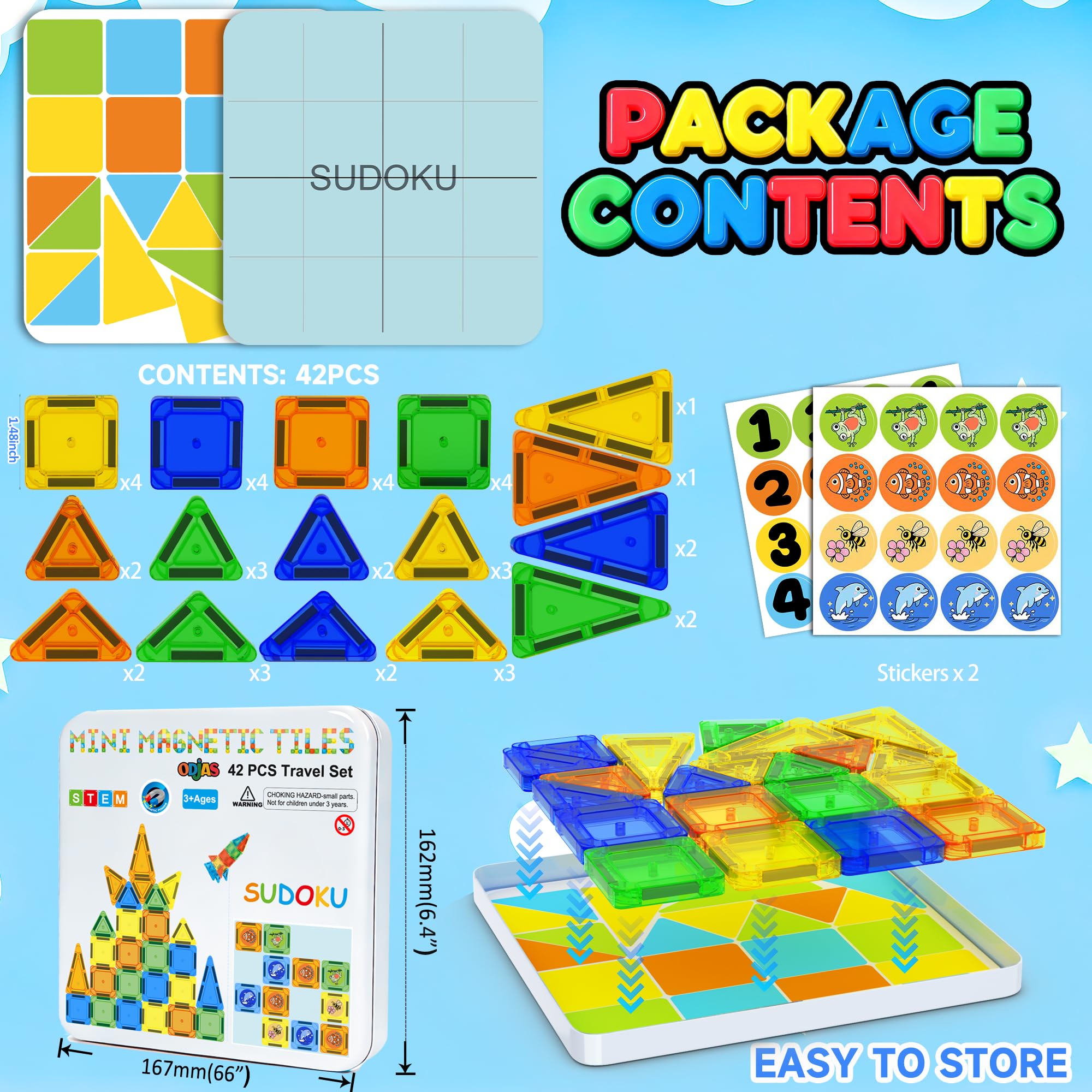 odjas mini magnetic tiles travel set compact case simplifies cleanup after playtime.