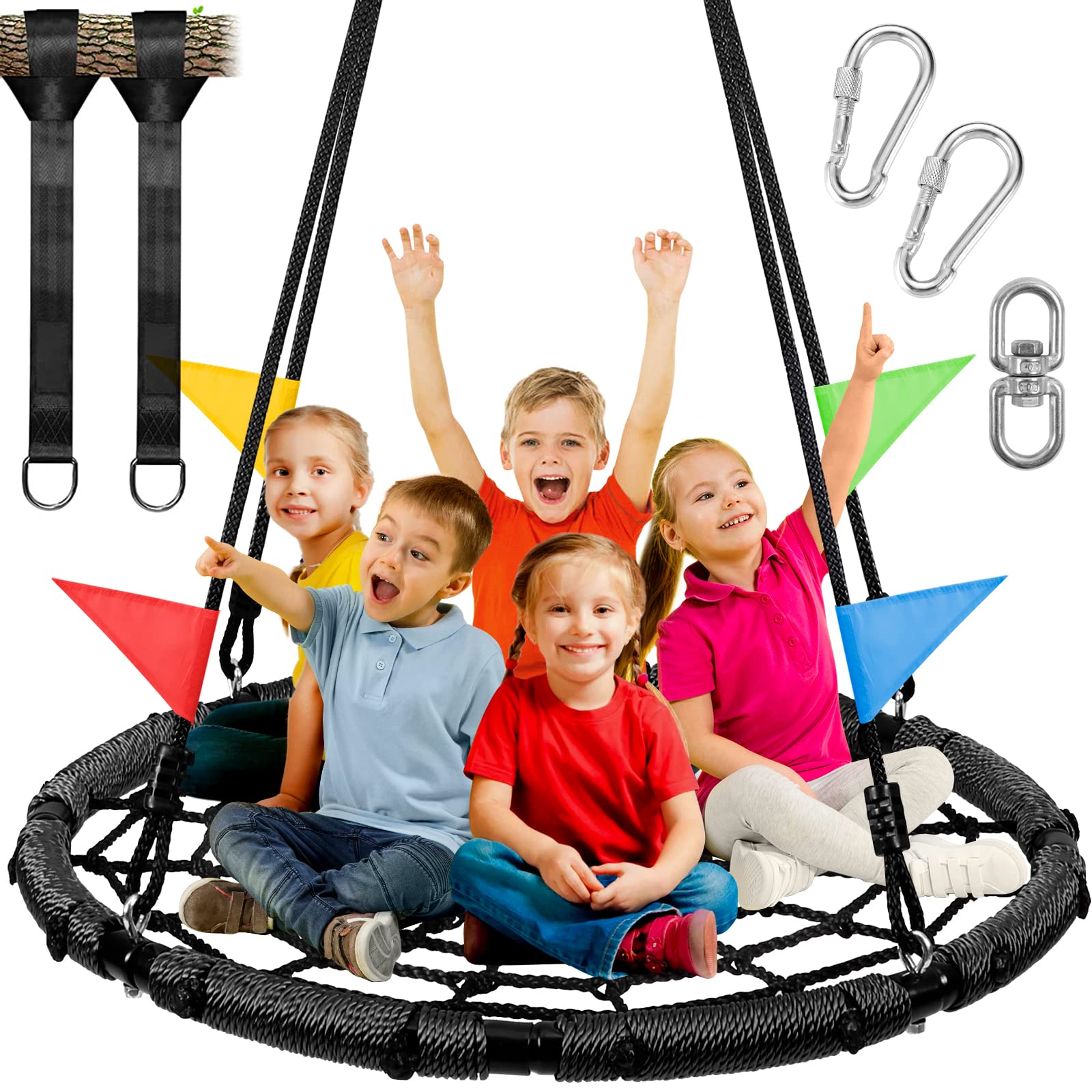Odoland spider web swing with 43in round saucer net offers backyard fun for kids and adults.