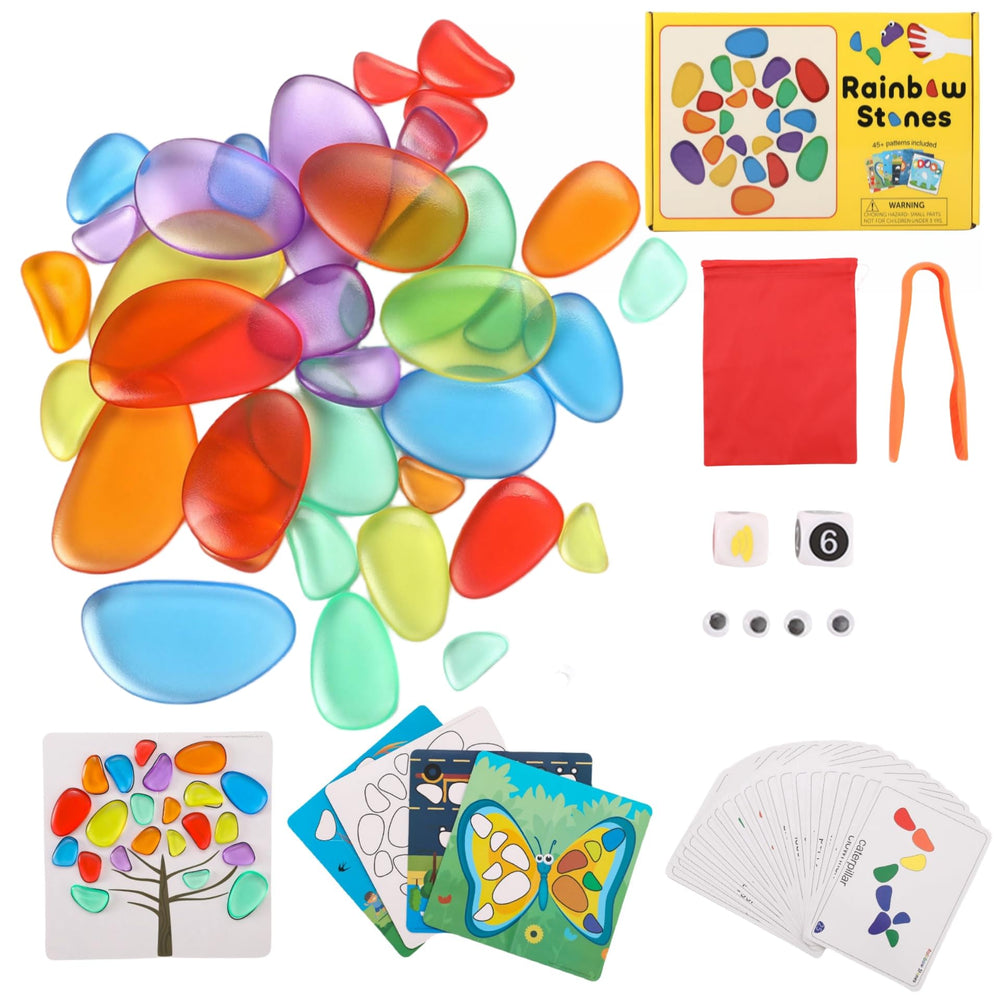 Odoorgames translucent rainbow pebbles for color sorting on a light table