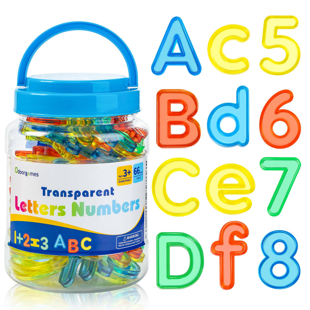Odoorgames 66 translucent letters and numbers for early learning.