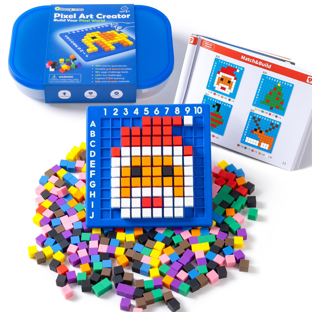 Odoorgames Pixel Art Creator cubes in 10 colors, tactile 1cm bricks for hands-on play.