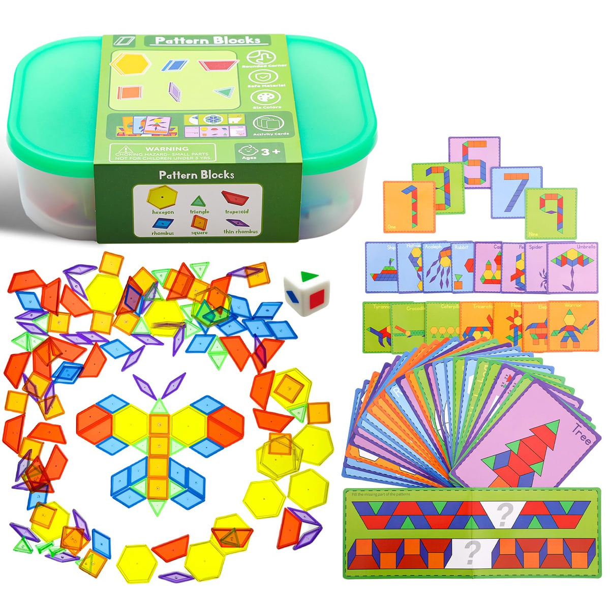 Odoorgames translucent pattern blocks in six colors for classroom learning and pattern recognition.