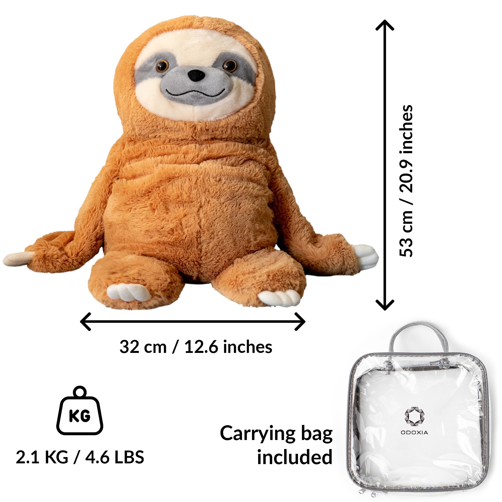 ODOXIA weighted sloth plush resting on a bed during nap time.