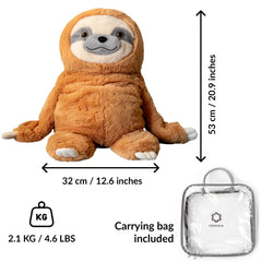 ODOXIA weighted sloth plush resting on a bed during nap time.