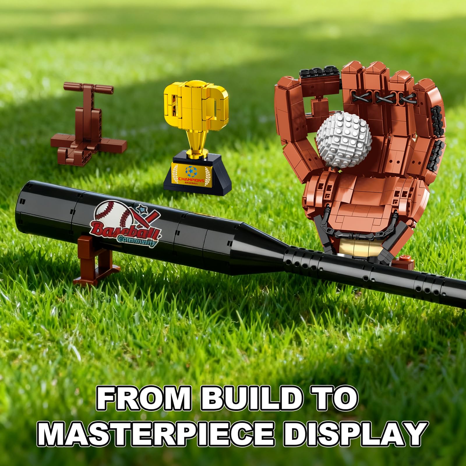 Oeasic Baseball Building Kit glove detail highlights curved design for display.