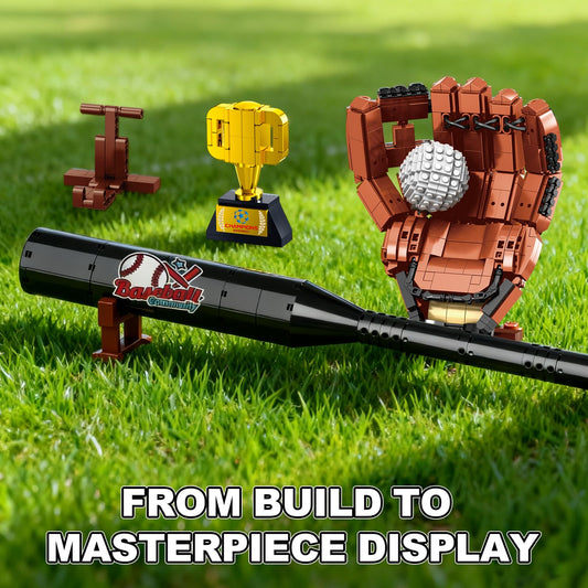 Oeasic Baseball Building Kit glove detail highlights curved design for display.