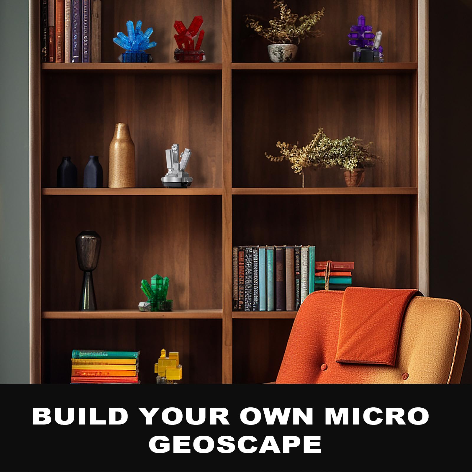 Oeasic Geology Crystal Building Set Azurite model evokes deep blue tones on shelves.