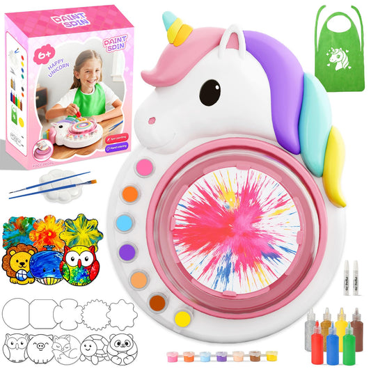 Oeasic Unicorn Spin Art Machine in action with swirling colors for kids' creativity