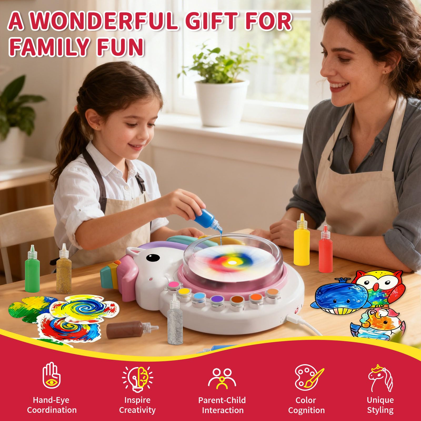 Dual-rotation Oeasic Unicorn Spin Art Machine enables versatile painting for kids