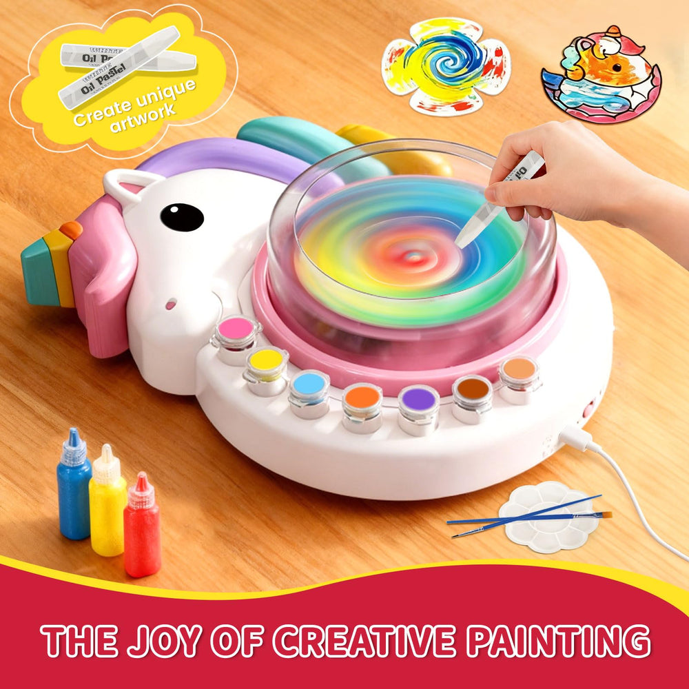 Removable tray on Oeasic Unicorn Spin Art Machine makes cleanup quick