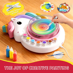 Removable tray on Oeasic Unicorn Spin Art Machine makes cleanup quick