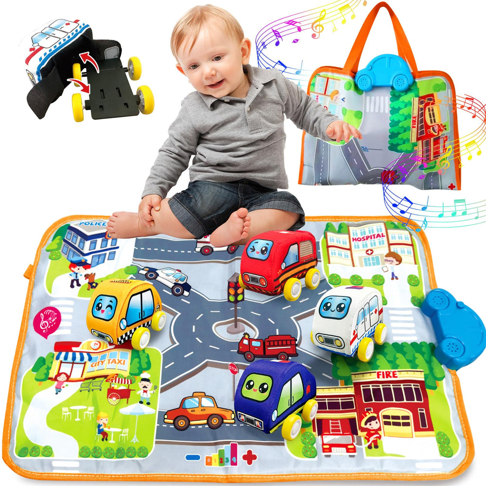 oeleoyi soft cars musical mat top view with interactive sounds for early learning.