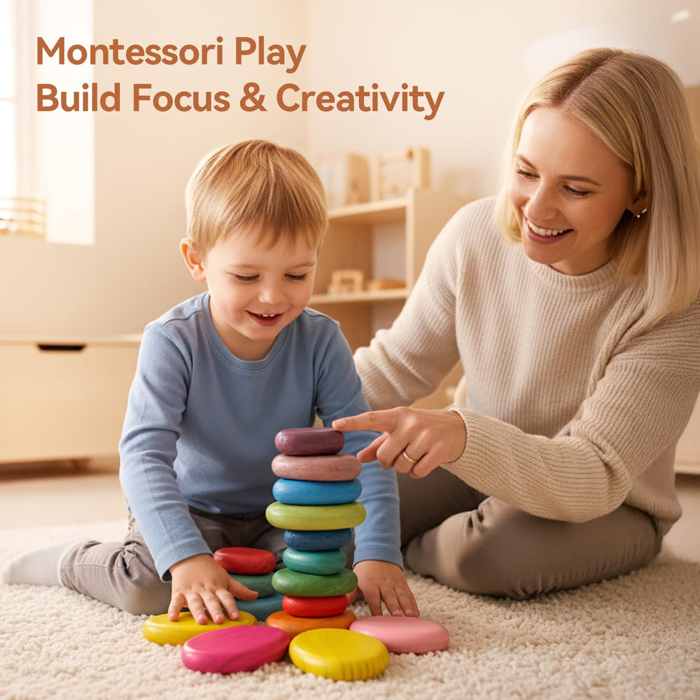 OESSUF handcrafted natural wood blocks offer durable, warm-touch stacking.