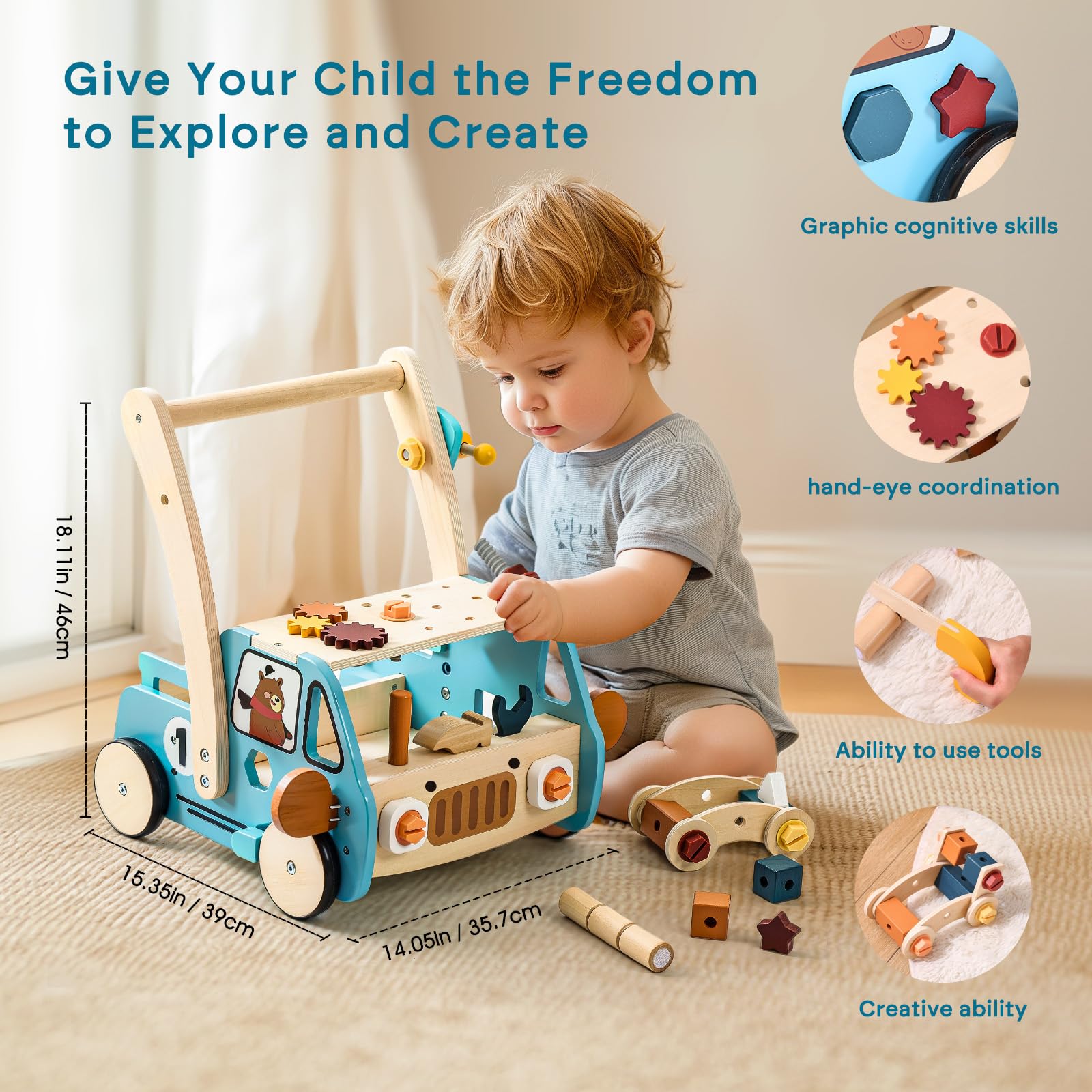 OESSUF wooden walker with a 40-piece tool set for creative play.