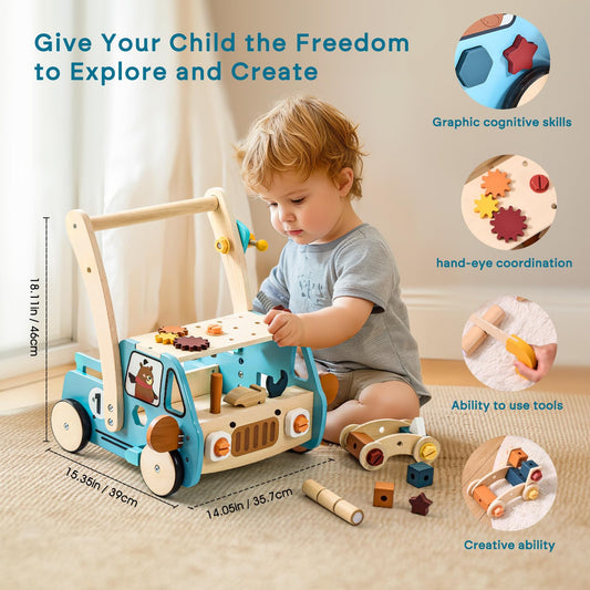 OESSUF wooden walker with a 40-piece tool set for creative play.