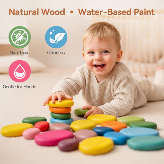 OESSUF wooden Montessori rocks for color sort and balance during open-ended play.