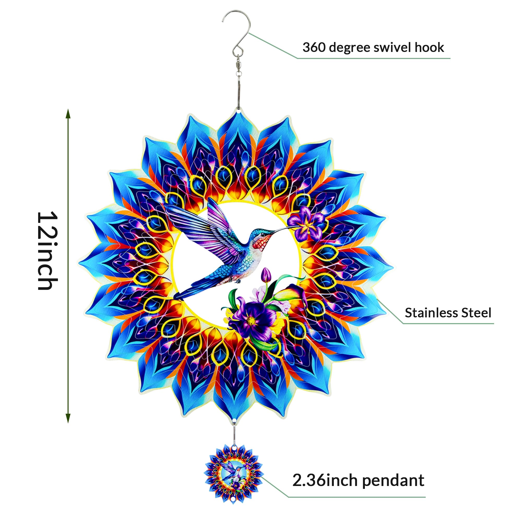 OFEWPAGA hummingbird wind spinner with glittering colors on breeze