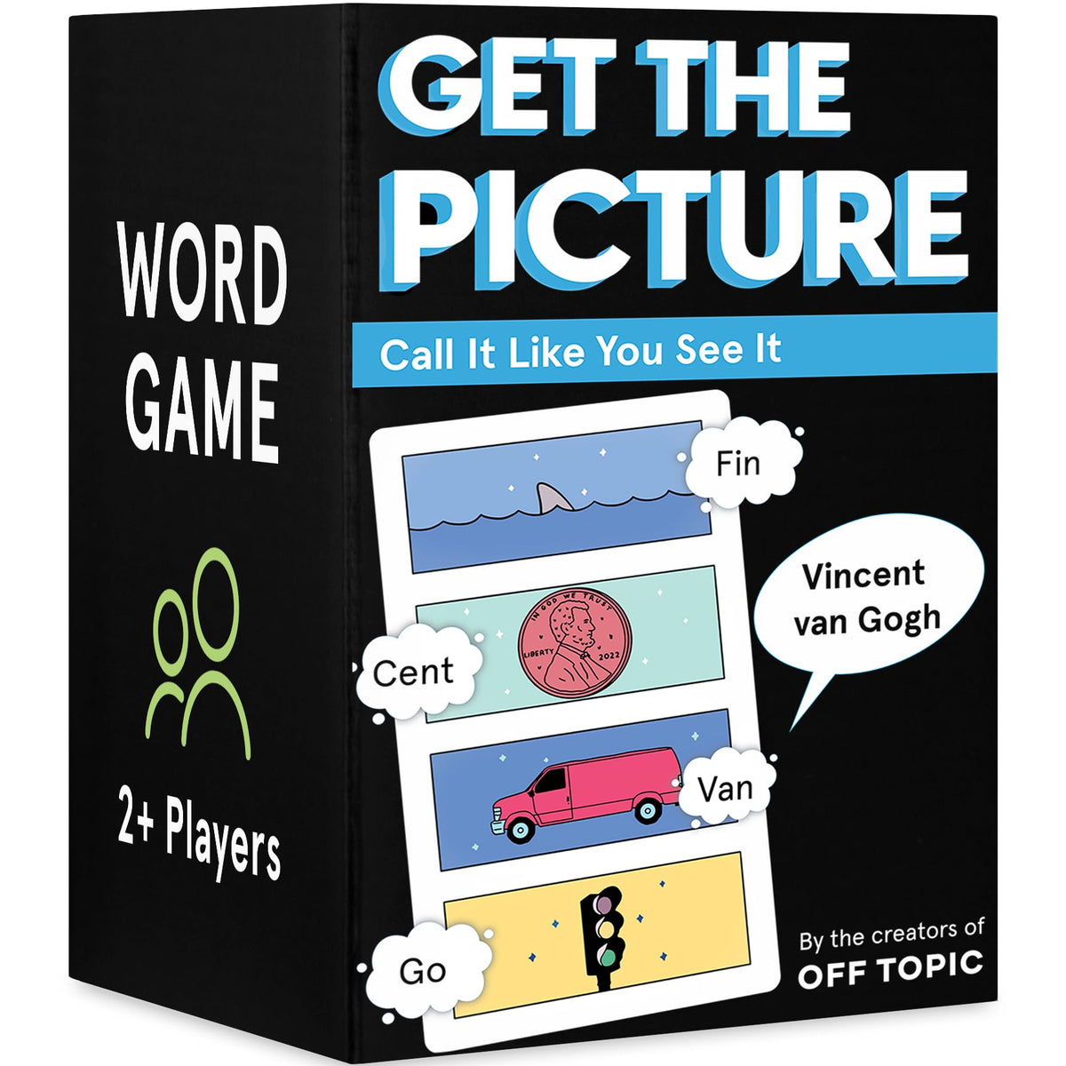 OFF TOPIC Get The Picture card game cover, bright and inviting for quick party gameplay