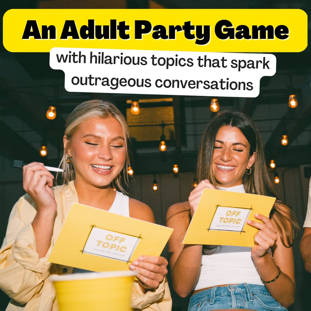 OFF TOPIC topic cards spark witty debates and creative answers on a social gathering night.