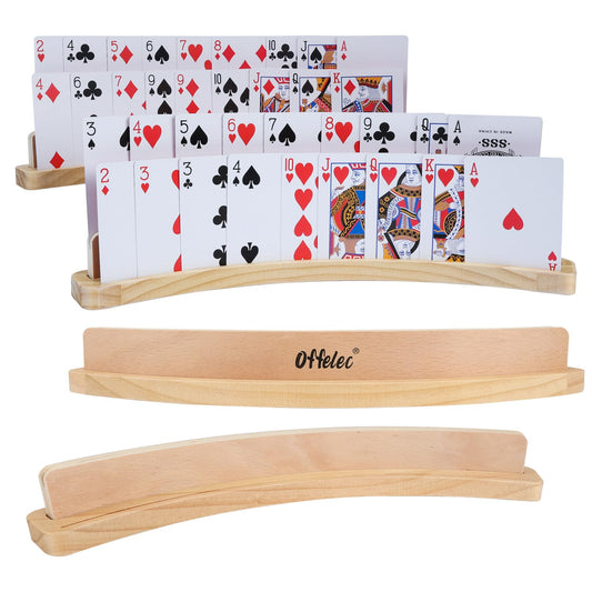 Offelec 4-pack wooden card holders displayed together for organized table gameplay.