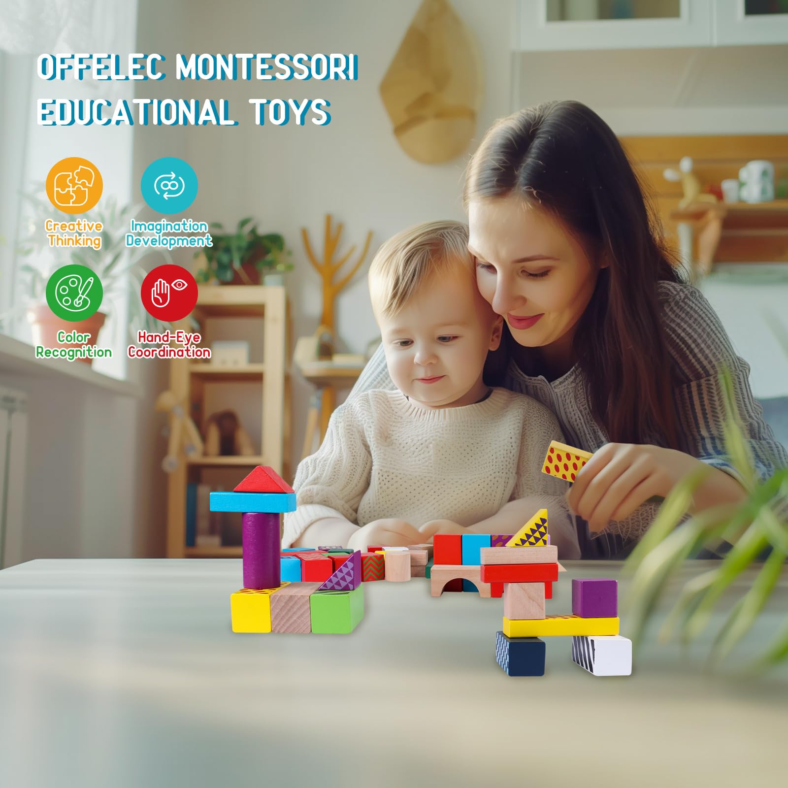 Offelec bright-colored blocks invite creative play and colorful designs.