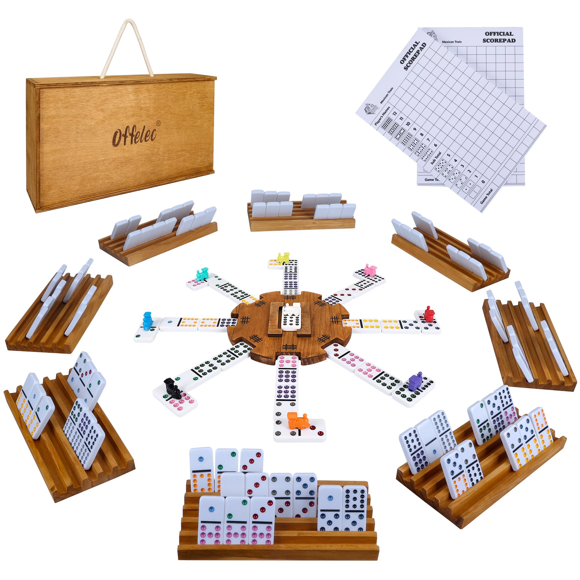 Offelec Mexican Train Dominoes set with wooden box for easy storage.
