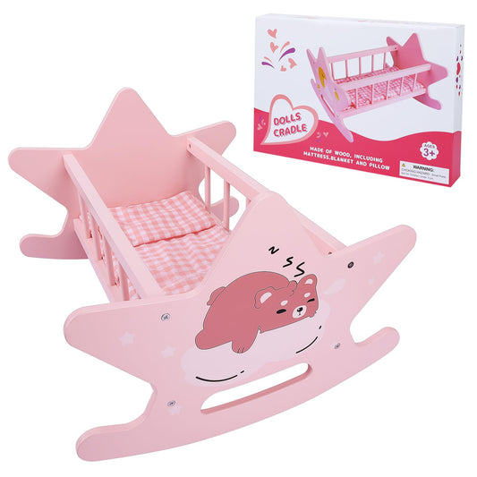 Offelec pink wooden doll crib set – cozy bed for 18-inch dolls.