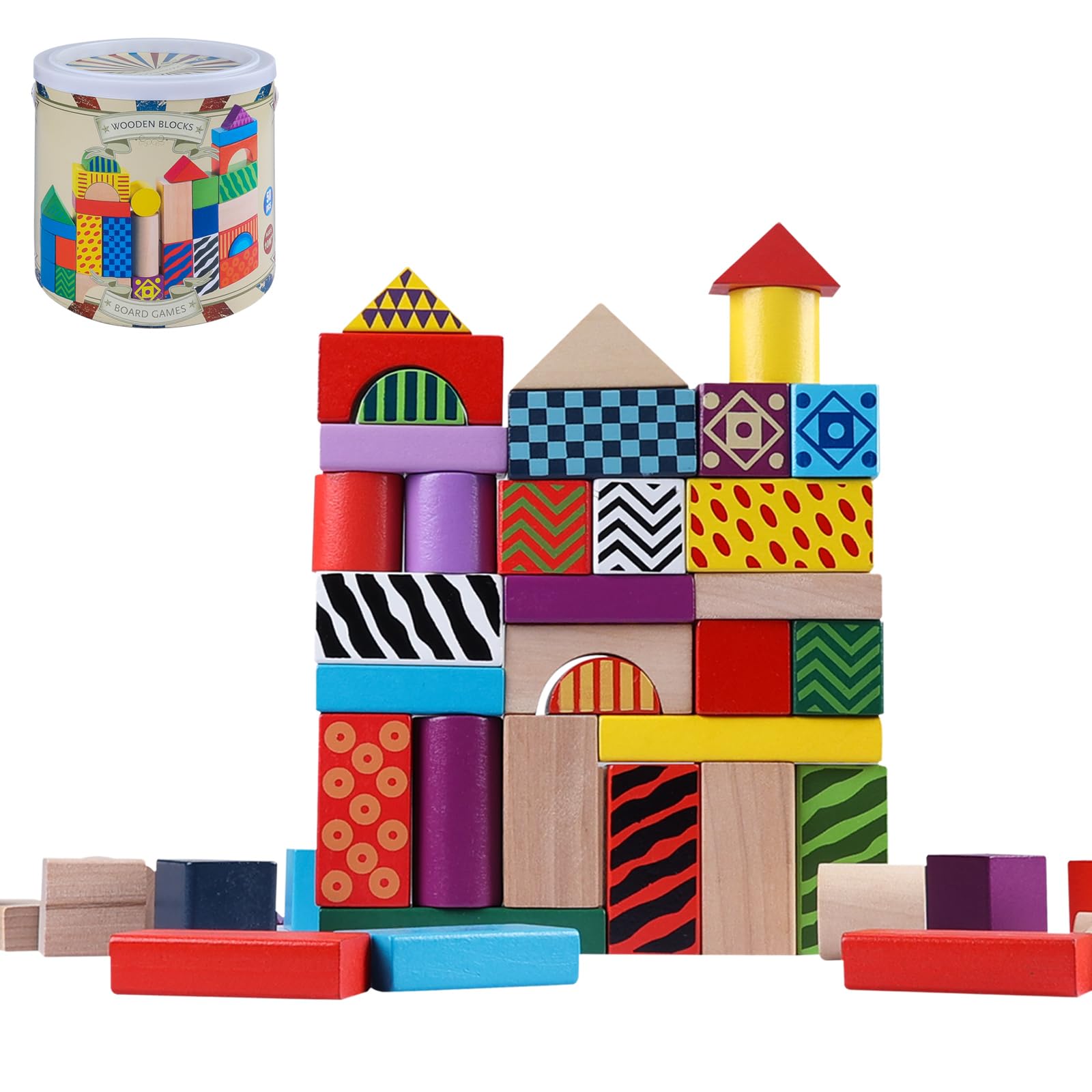 Offelec wooden building blocks with storage bucket for safe, durable toddler play.