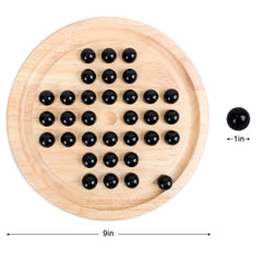 Offelec wooden solitaire marbles closeup with glass beads for focus and puzzle solving.