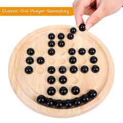 Offelec wooden solitaire board on a tabletop for family games anytime.