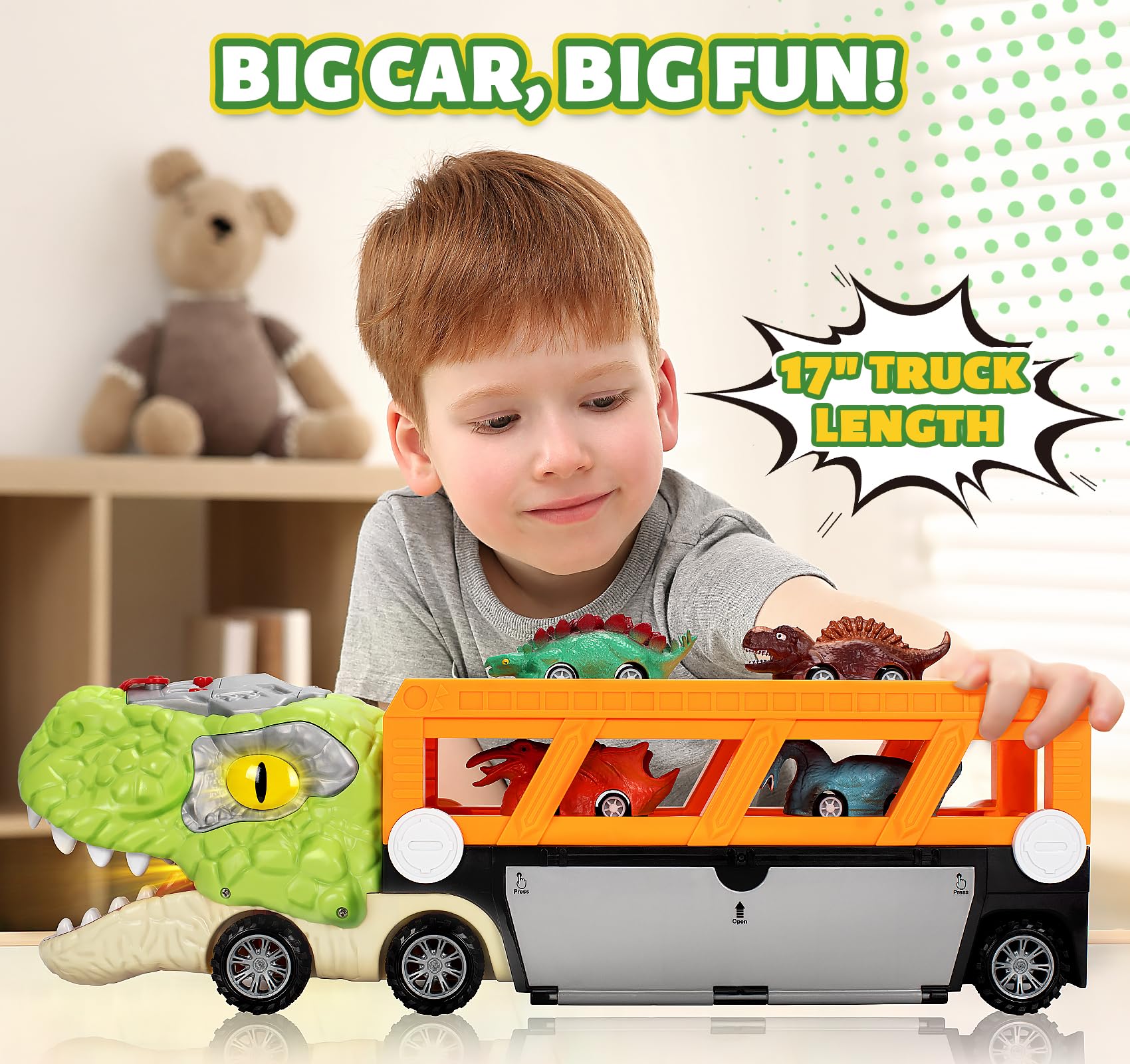 Officygnet 11-in-1 dinosaur truck with mist-spraying mouth and LED roar sounds.