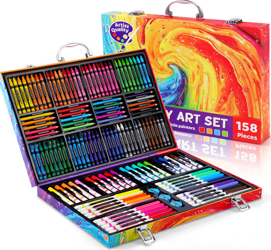 Officygnet 158-piece art kit in a compact case for travel-friendly creativity.