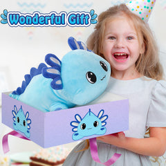 Close-up of Officygnet Axolotl Plush face in blue, cheerful expression