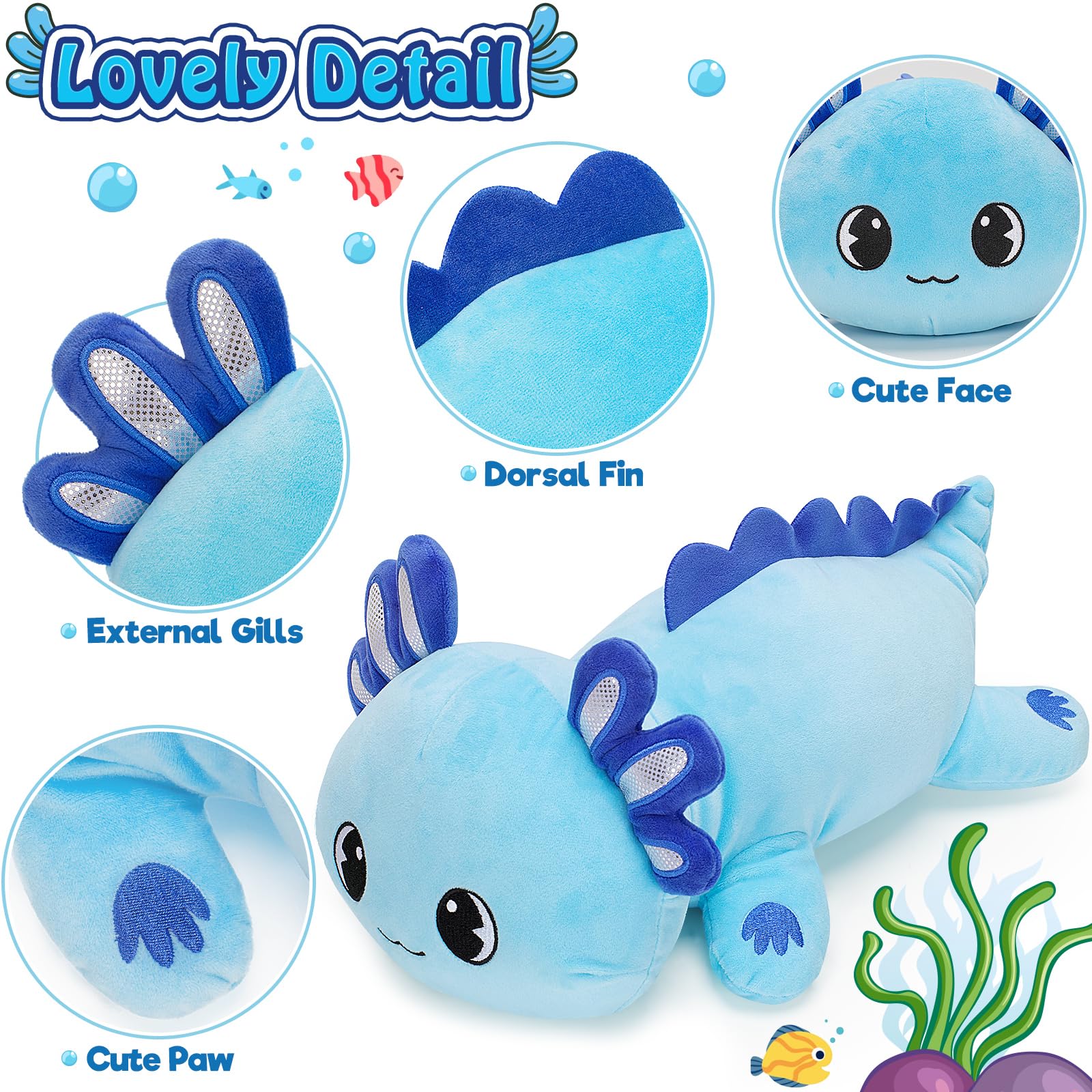 Axolotl Plush from Officygnet being hugged, blue color