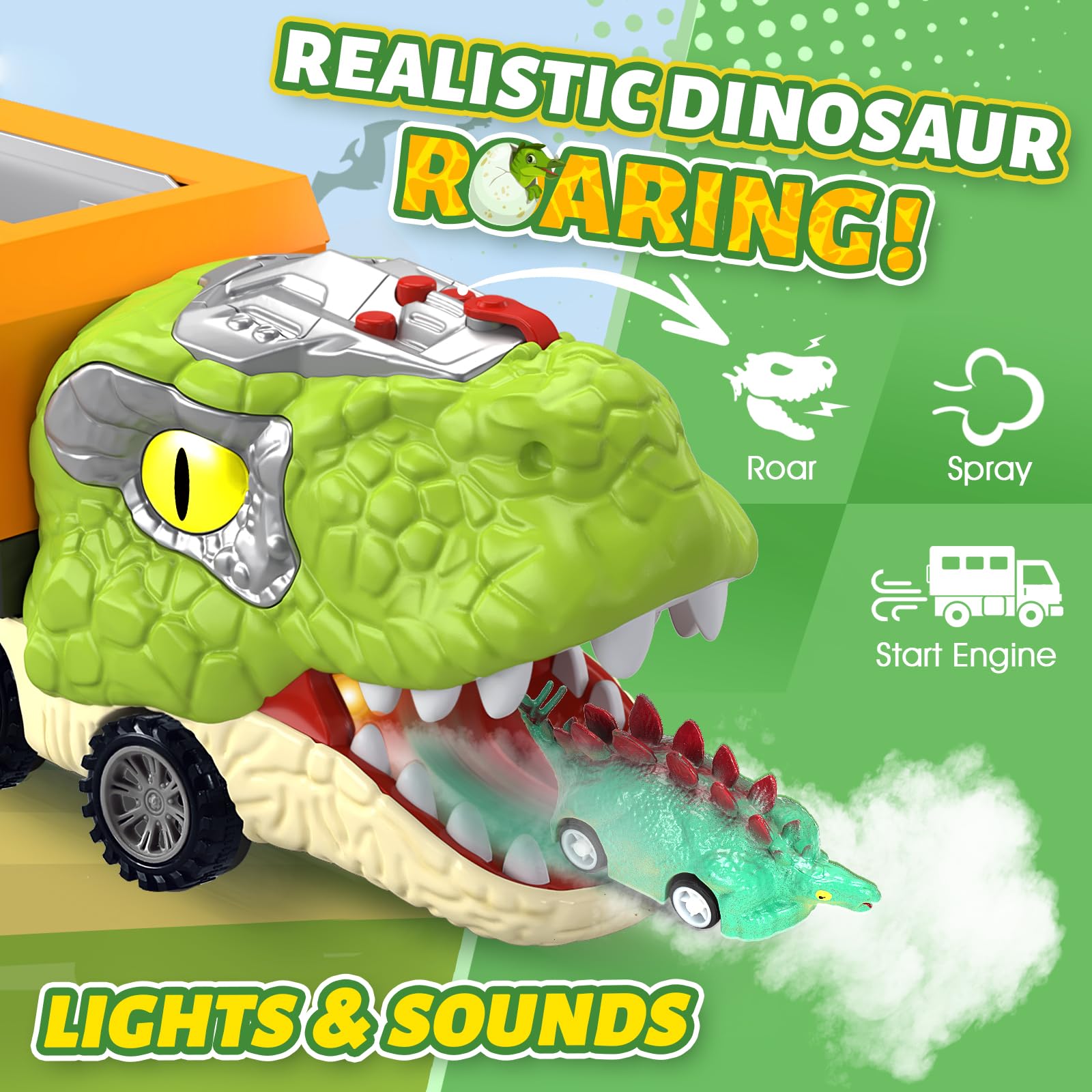 Officygnet dinosaur carrier with slide-and-go track for quick toy transitions.