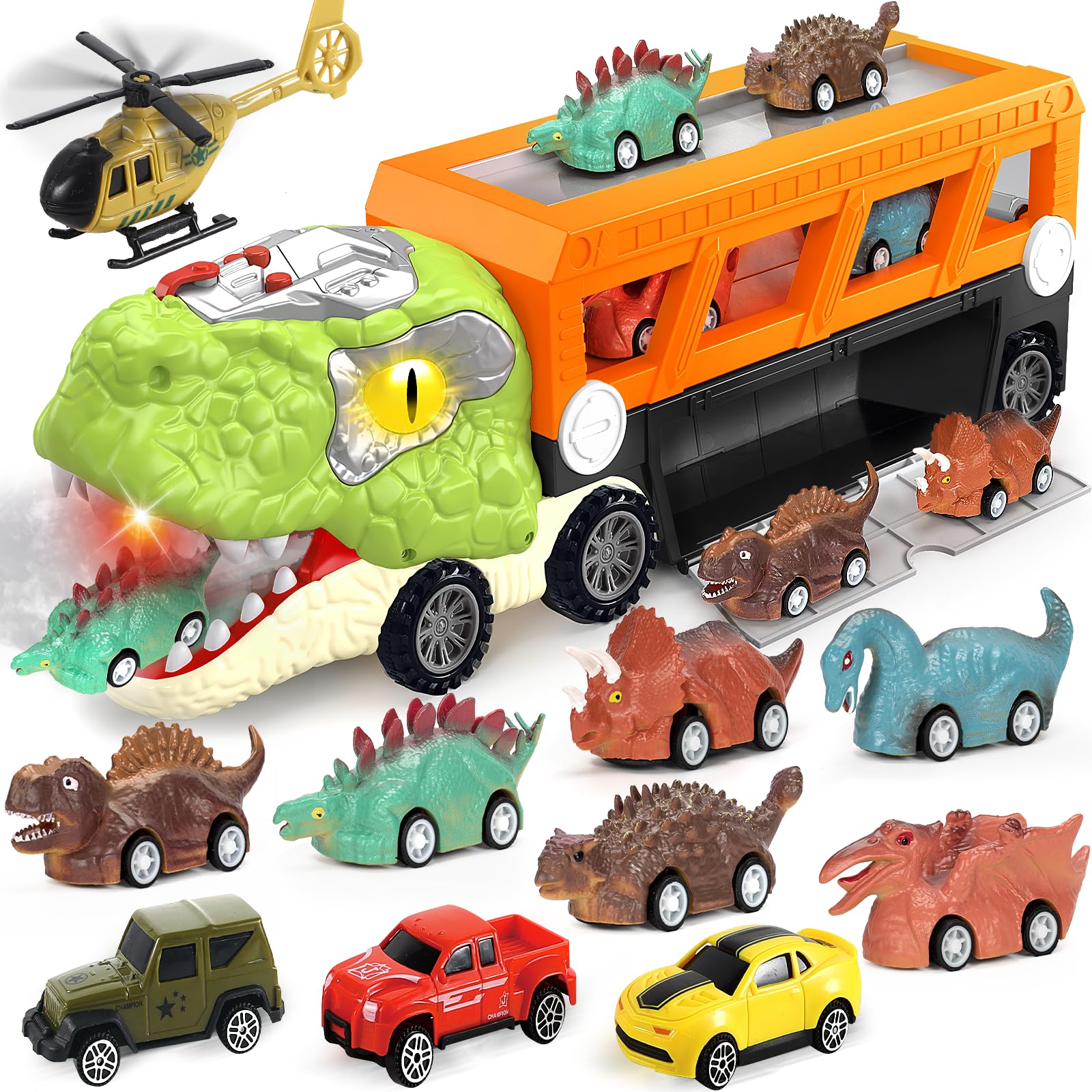 Officygnet dinosaur truck front view with built-in ramp for easy storage and imaginative play.