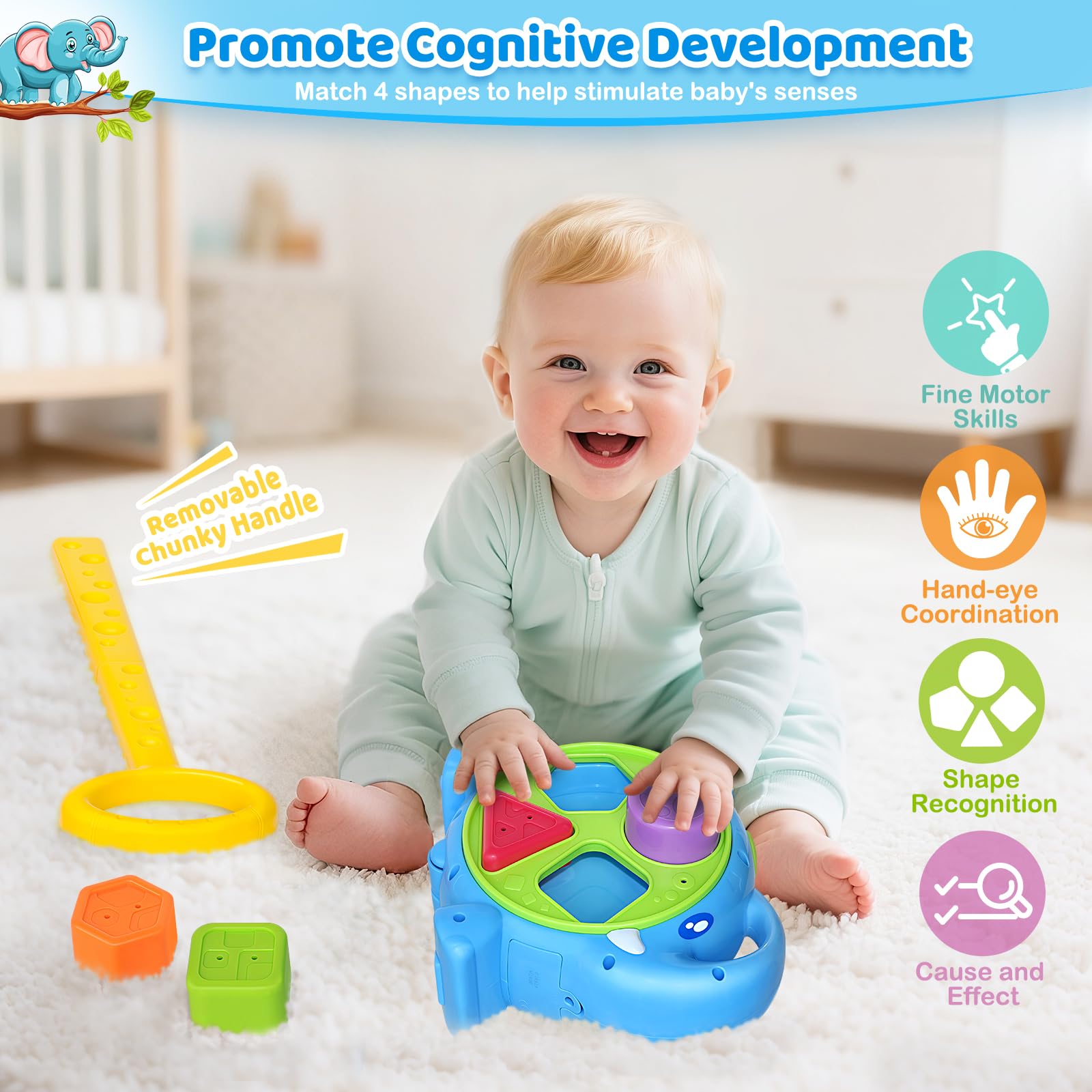 Officygnet Musical Elephant top buttons reveal five joyful songs.