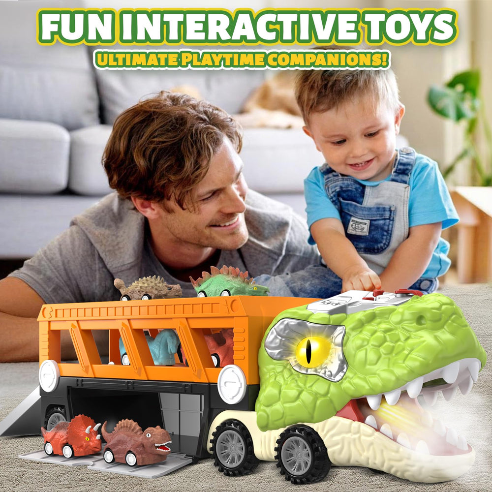 Officygnet T-Rex toy truck roars softly with lights during pretend adventures.