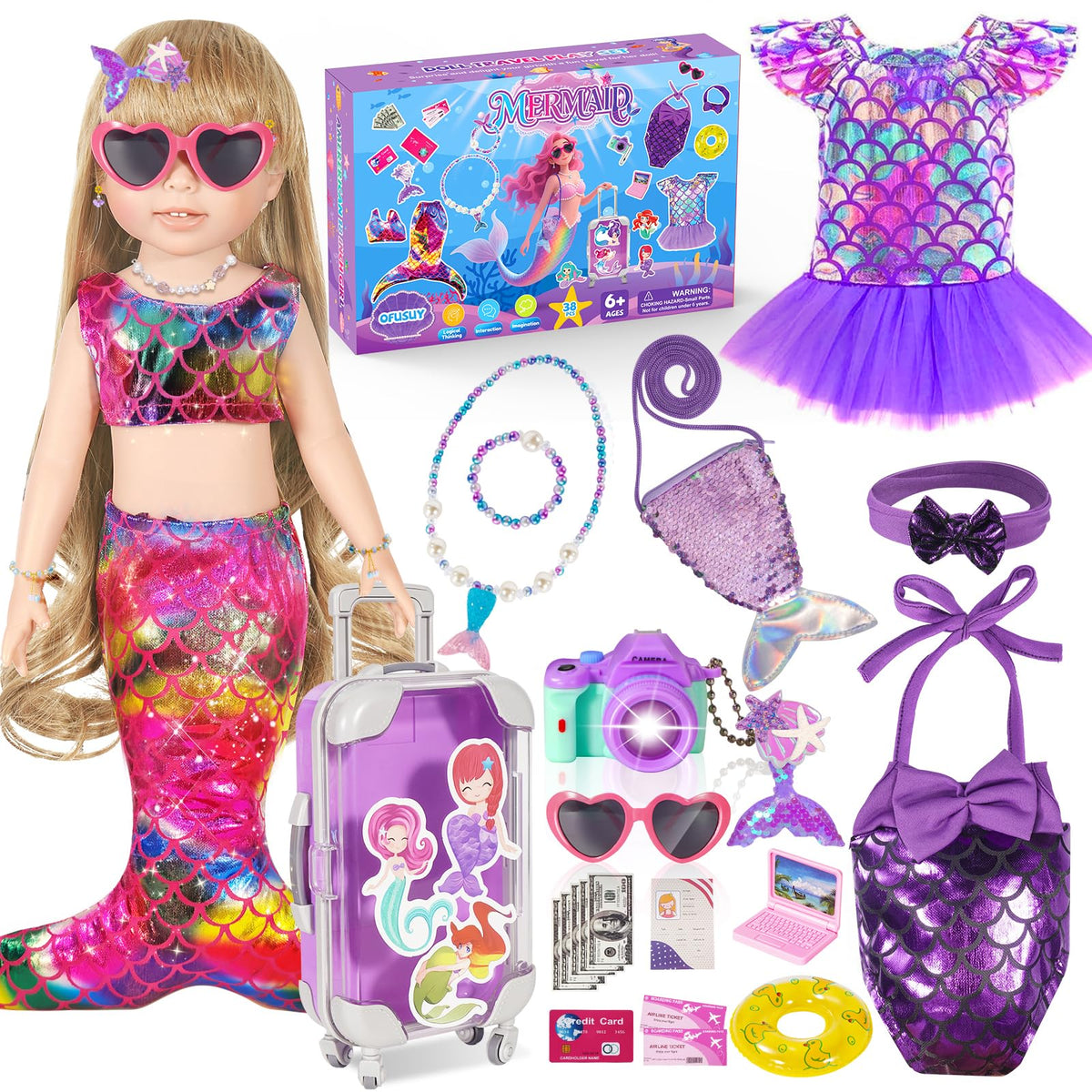 OFUSUY mermaid dress travel set enhances doll styling during pretend adventures.