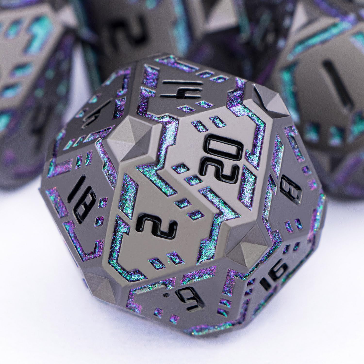 OGCOPHEN metal DND dice set with stripe etched design for immersive sci-fi gameplay.