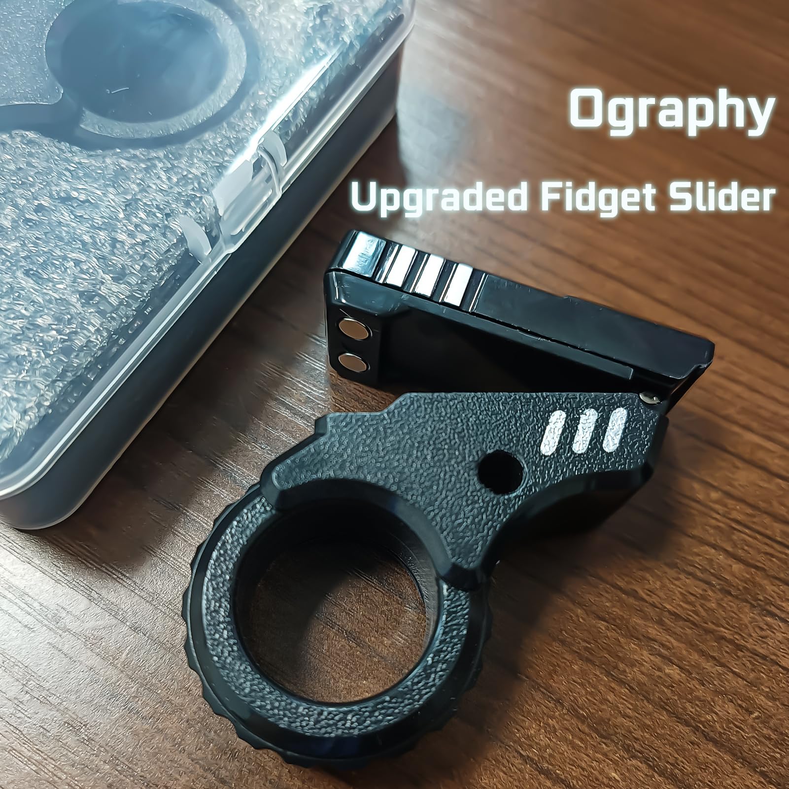 Ography fidget gun black-sliver side view for pocketed calm during work.