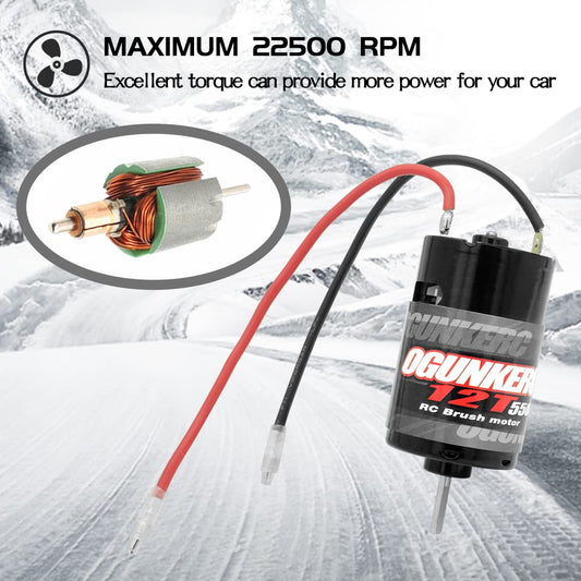 OGUNKE RC 550 motor with extended armature provides stronger torque for tough climbs.