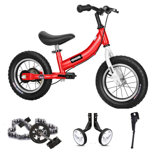 OHIIK Balance Bike 2in1 red front view shows easy mode switch and safety-first design.