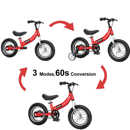 OHIIK Balance Bike 2in1 red side view highlights sturdy frame for growing riders.