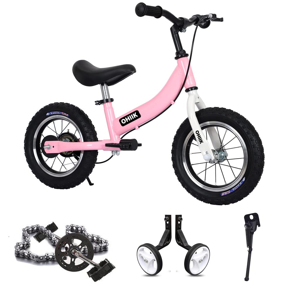 OHIIK Balance Bike 14-inch pink front view showing adjustable safety features