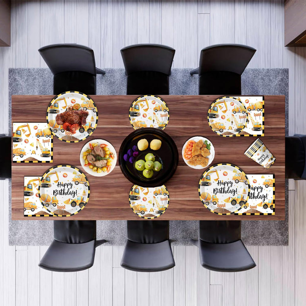 Oigco construction party set displays complete tableware for 24 guests.