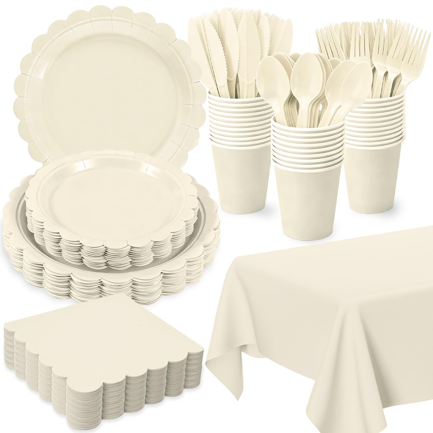 Oigco ivory 9-inch dinner plates with beige scalloped edges for elegant event dining.